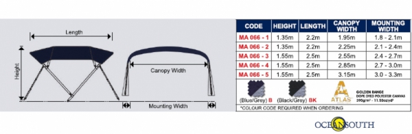 4 Stangen Bimini Top "Cruiser" 240-270cm Breite